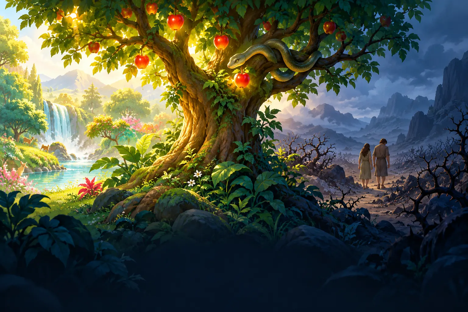 The tree in the garden of Eden, with Adam and Eve walking out into a land of thorns