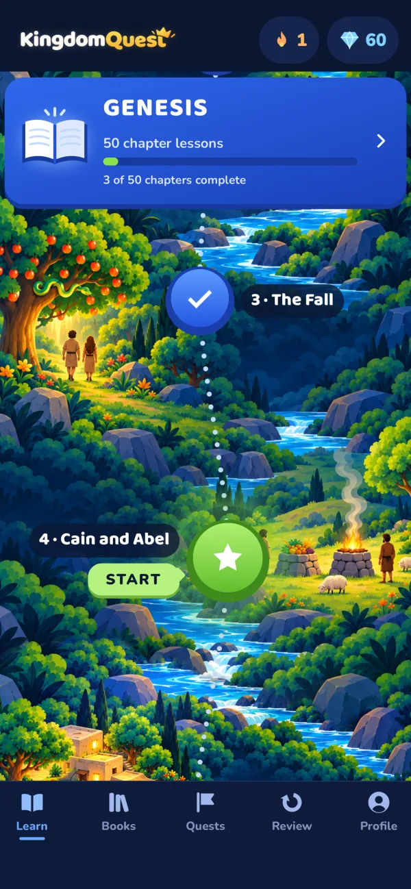 The Kingdom Quest journey map for Genesis, with chapter 3 complete and chapter 4, Cain and Abel, ready to start