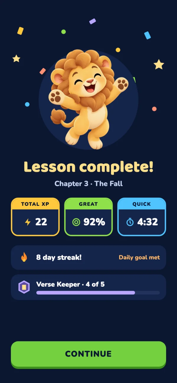 Lesson complete: 22 XP, 92% correct and an 8 day streak