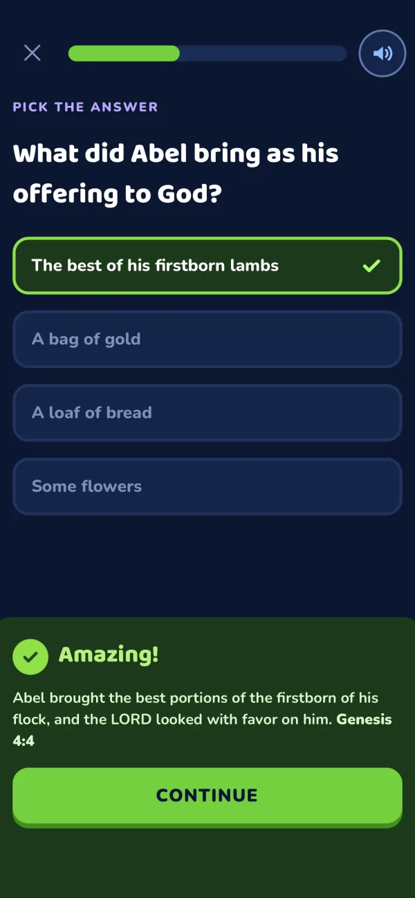A picked answer marked correct: Abel brought the best of his firstborn lambs